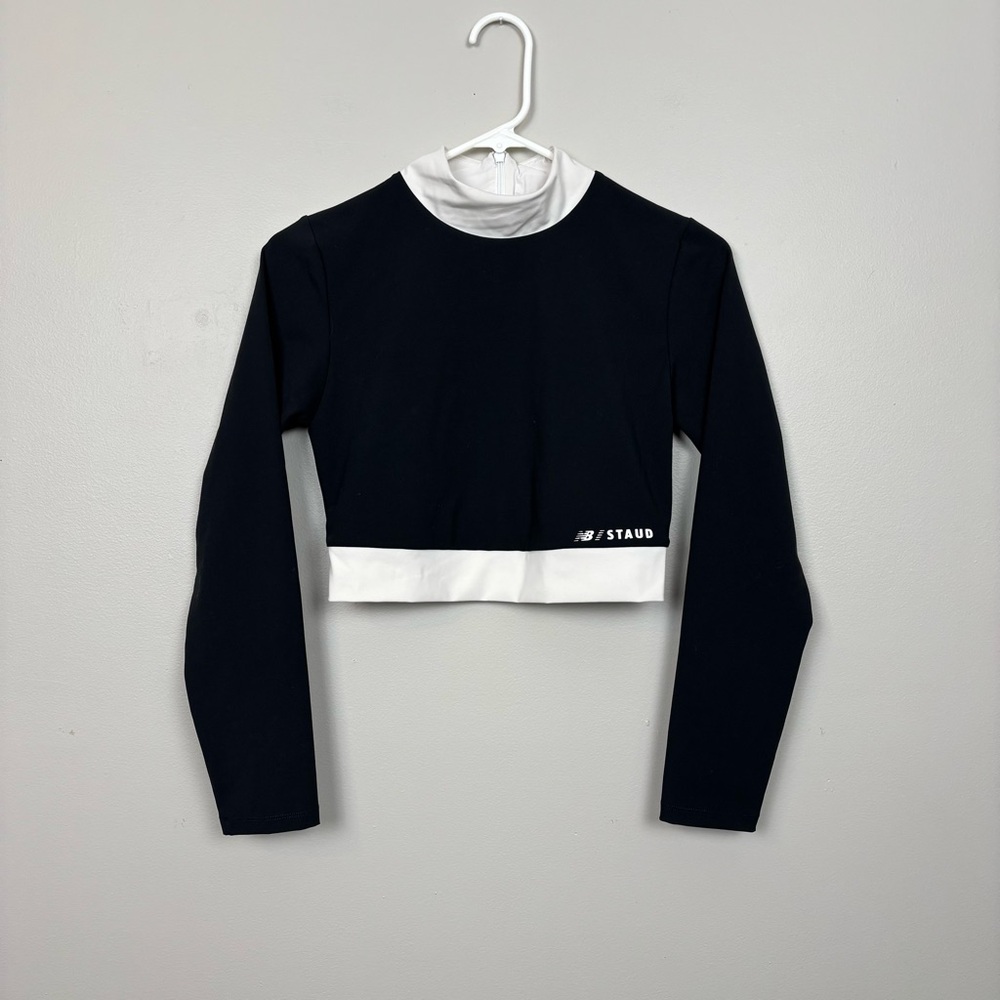 New Balance Staud Top Womens Small Black White Mock Neck Crop Long Sleeve - Picture 1 of 9
